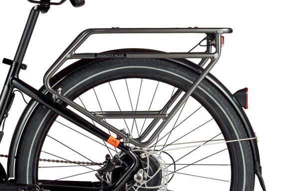 Rear rack on a black electric bike