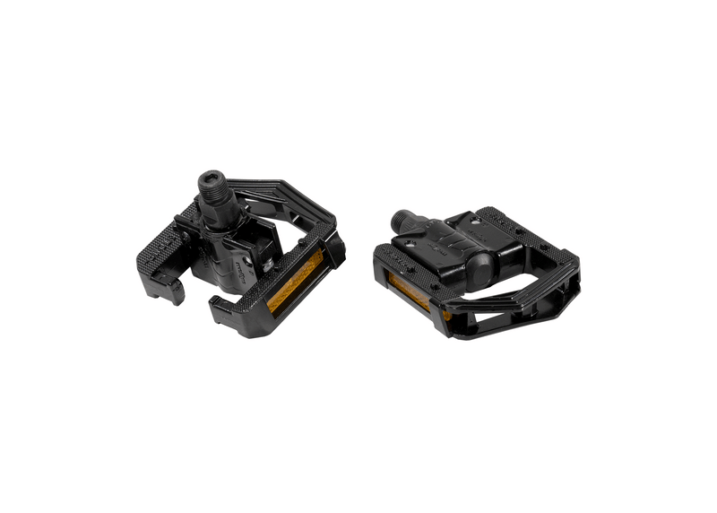 two black pedals with reflective stri[