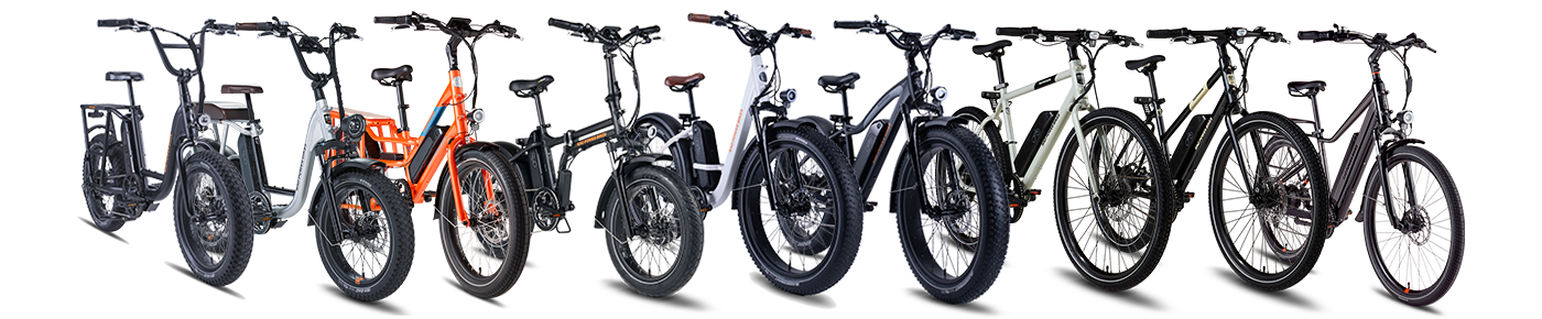Rad Power Bikes Europe full collection of electric bikes in black, gray and orange.