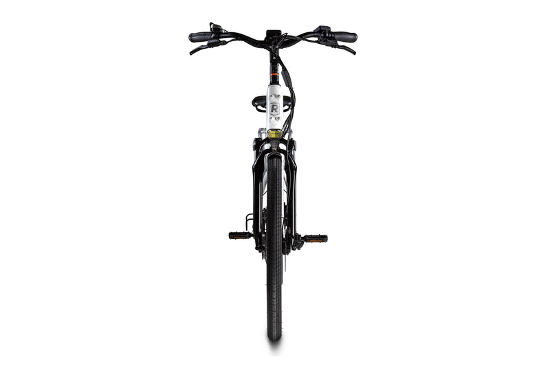 Front view of a Rad Power Bike | Black Electric City Bike | Step Thru ebike in white