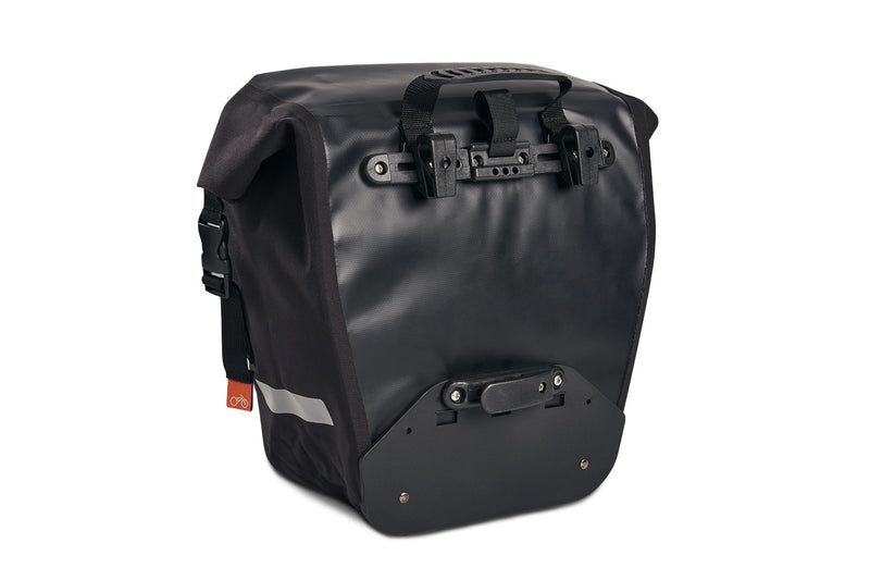 rear view of a black bicycle bag
