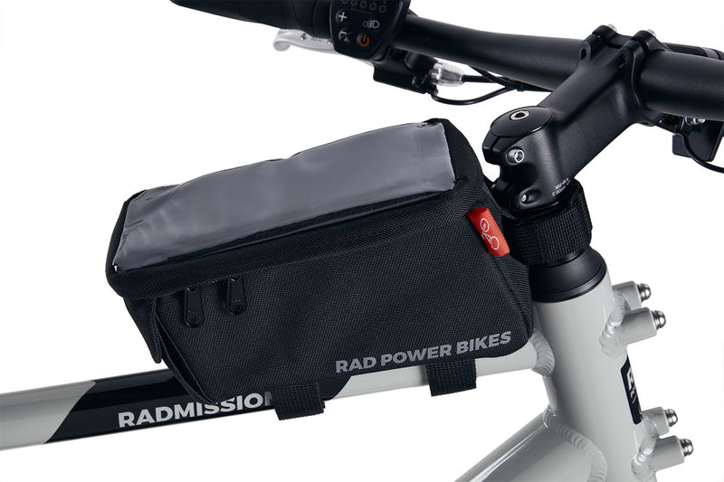 Image of black bag with Rad Power Bikes logo on a silver bike